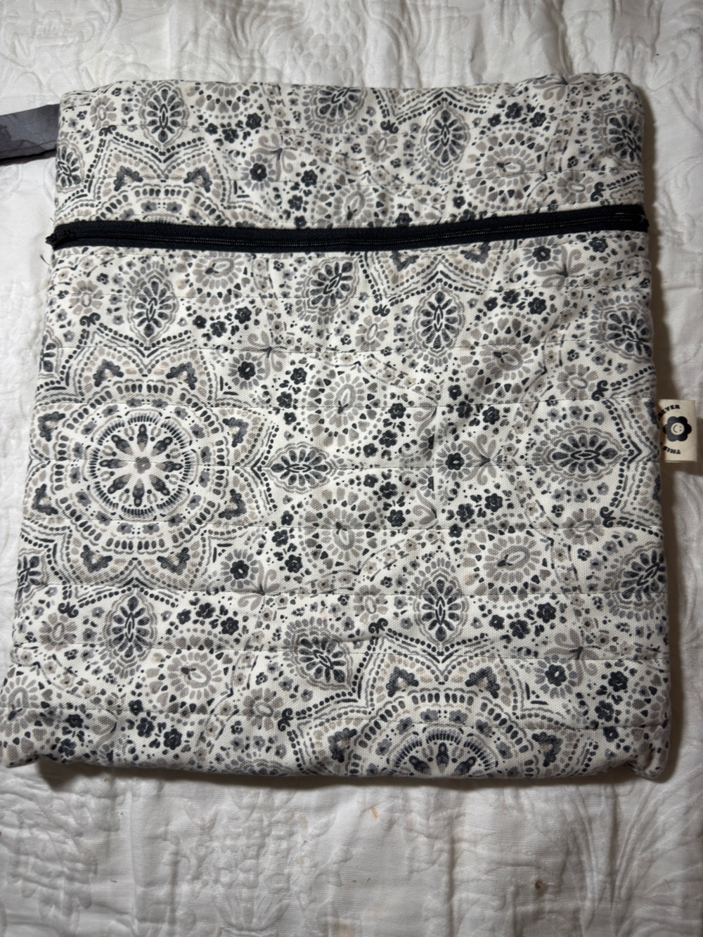 Quilted Zip Pouch in Cream and Gray Mandala Print